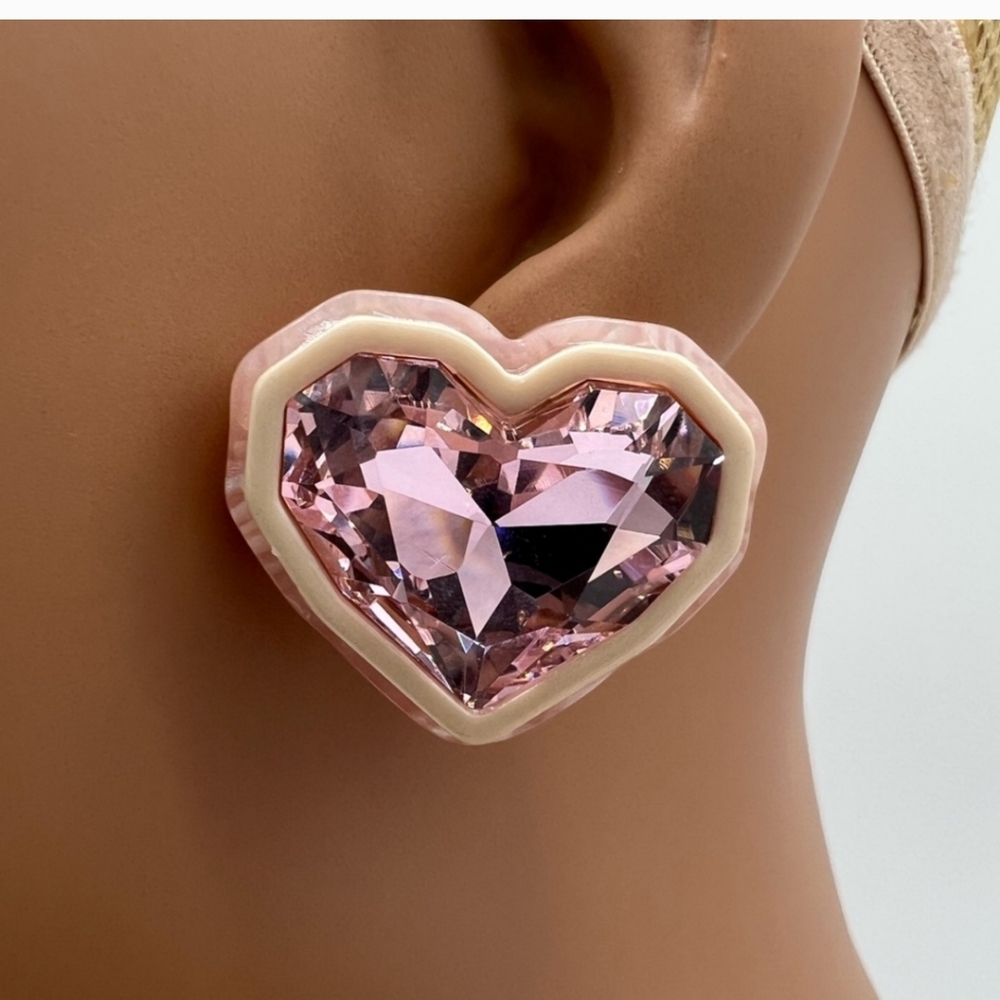 Pink acrylic rhinestone heart earrings